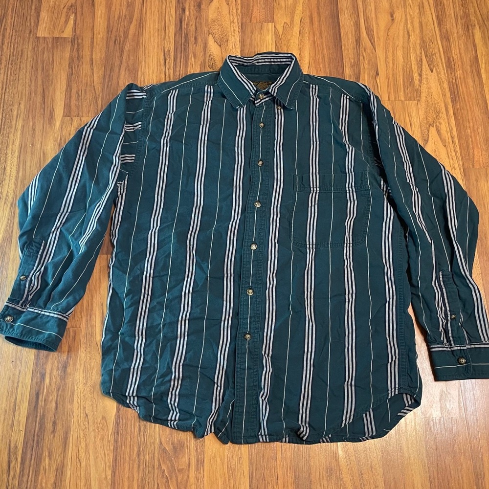 Eddie Bauer Mens Small Striped Button Down Shirt Green Long Sleeve Cotton Vtg